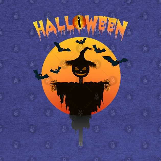 Halloween with Frightening Scarecrow and Flying Halloween Bats by CharJens